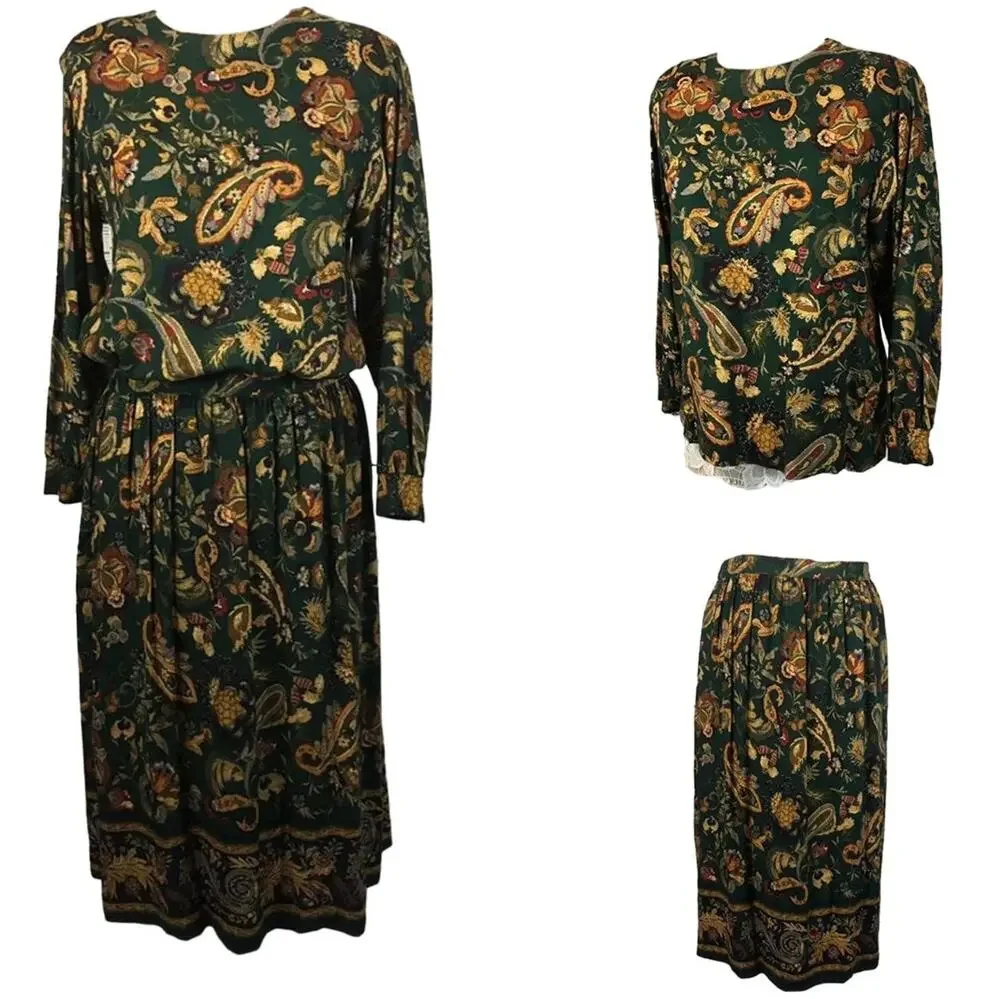 Vintage 70's Alfred Dunner Green Paisley long skirt & matching top size 12 p